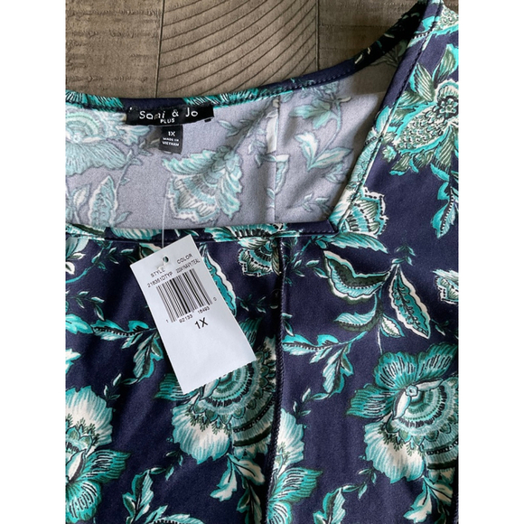 Sami & Jo Plus Floral Boho Top Navy Teal Mustard Short Sleeve 1X NWT - Picture 5 of 7